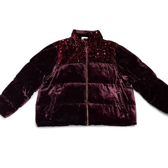 Maeve by Anthropologie 'Vera' Deep Purple Sequin Velvet Puffer Jacket Size 2X - Picture 1 of 12